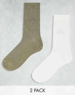 Dickies 2 Pack Knitted Crew Socks With Tonal Logo In Khaki And Off White For Men Mid Green -Dickies Sales Store 206605472 1 midgreen 1