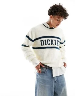 Dickies Melvern Knitted Sweater In Ecru And Green- Exclusive To Asos For Men Mid Green