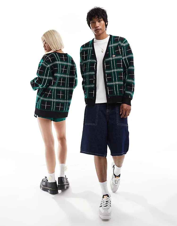 Dickies Knitted Plaid Cardigan In Black And Green For Unisex 4 Dickies Knitted Plaid Cardigan In Black And Green For Unisex - Image 2