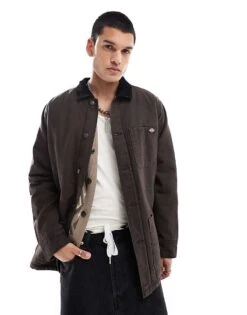 Dickies Duck Canvas High Pile Fleece Lined Chore Jacket In Dark Brown For Men