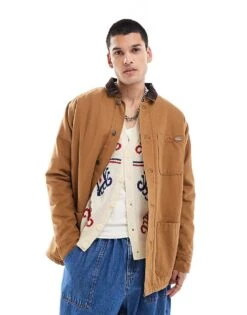 Dickies Duck Canvas High Pile Fleece Lined Chore Jacket In Washed Brown For Men