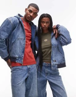 Dickies Loose Wave Hooded Denim Jacket In Light Blue Fade For Unisex