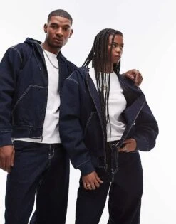 Dickies Loose Wave Hooded Denim Jacket In Rinsed Dark Blue For Unisex