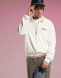 Dickies Lewistown Striped Knitted Cardigan In Off White For Men