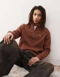 Dickies Oakport Small Logo Quarter Zip Jumper In Cappuccino Brown For Men