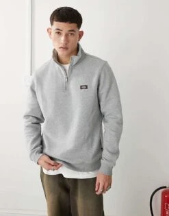 Dickies Oakport Small Logo Quarter Zip Jumper In Grey Marl For Men