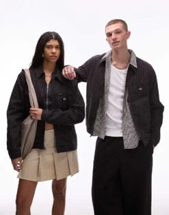 Dickies Pinstipe Painter Jacket In Black And Off White For Men