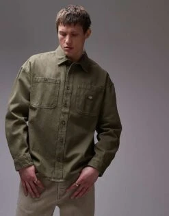 Dickies Houston Long Sleeve Denim Shirt In Khaki Green For Men -Dickies Sales Store 207973722 1 khaki 1